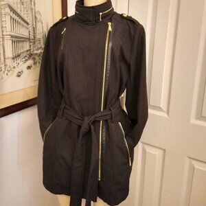 Women's Michael Kors Blk on Blk Houndstooth Belted 3/4 Trench Coat Jacket-Size L